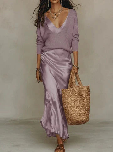 Conjunto Midi Satén con Jersey de Punto Elegante