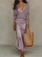 Conjunto Midi Satén con Jersey de Punto Elegante