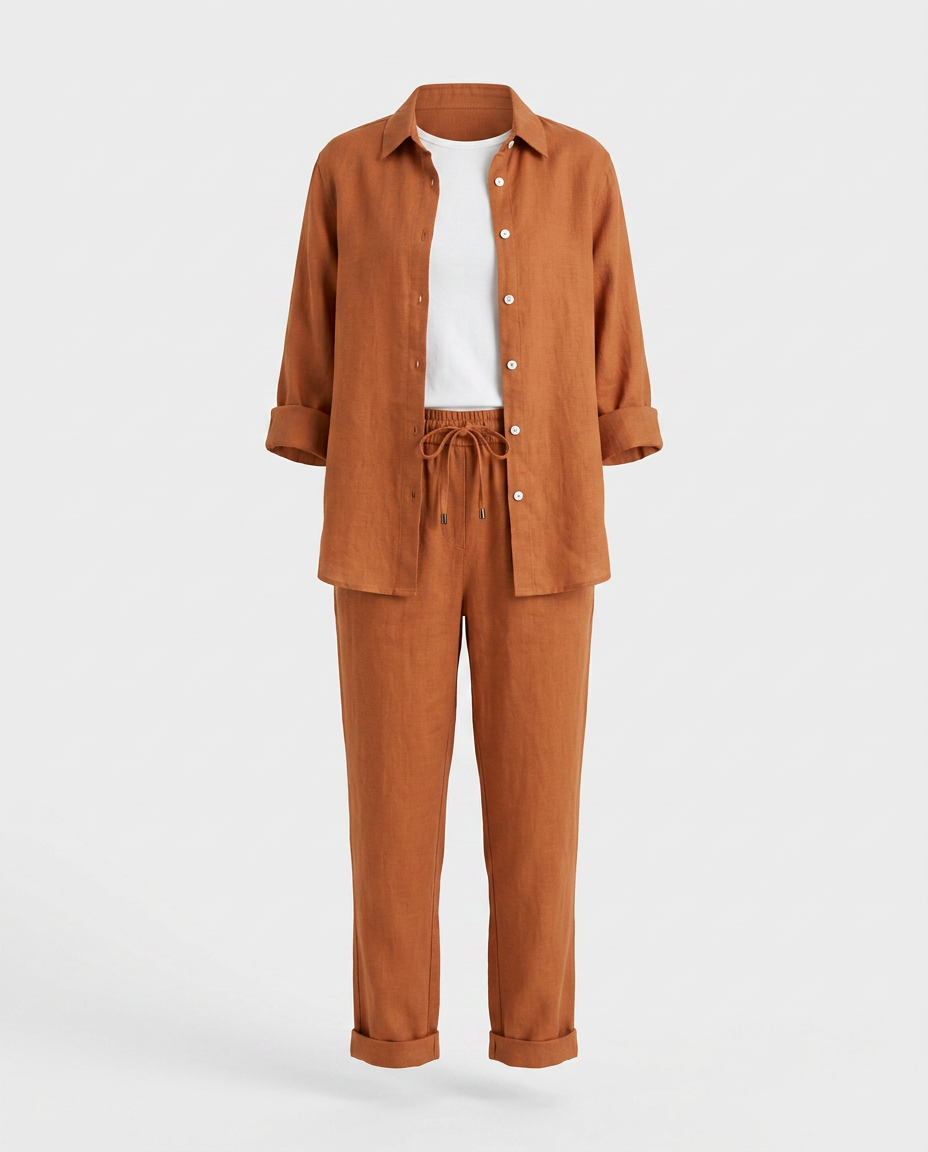 Conjunto Lounge Mujer Algodón Lino Camisa y Pantalón