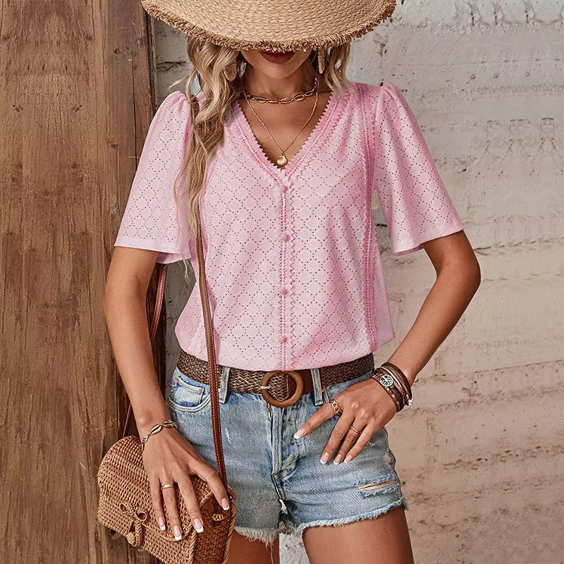 Blusa De Mujer De Manga Corta Con Escote En V