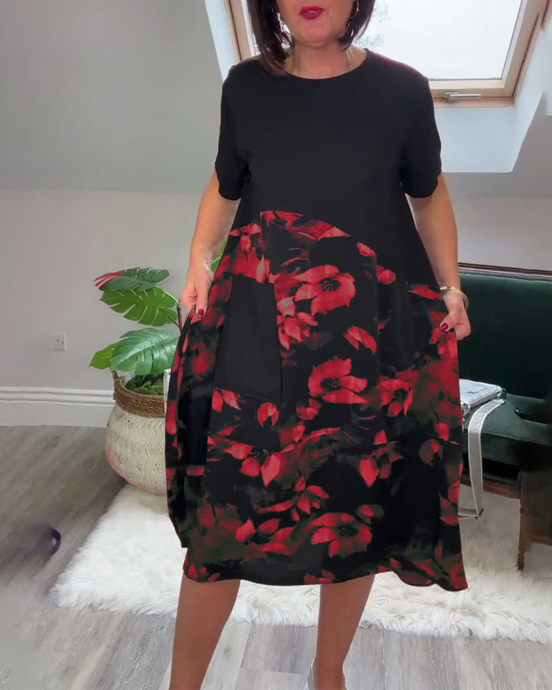 Vestido Patchwork con Flores y Cuello Redondo