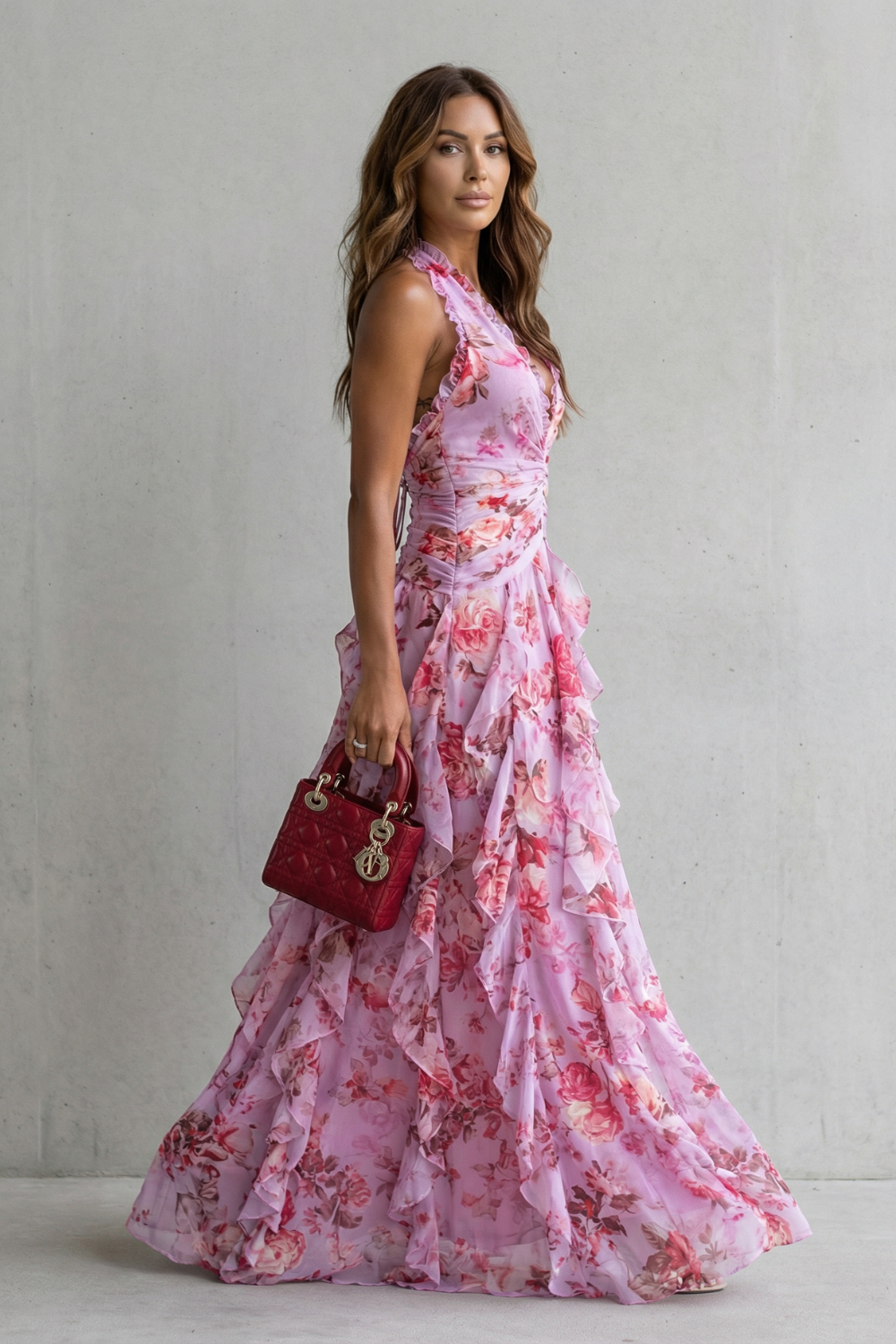 Belladina | Romantic Long Dress with Rose Cascade and Halter Neckline