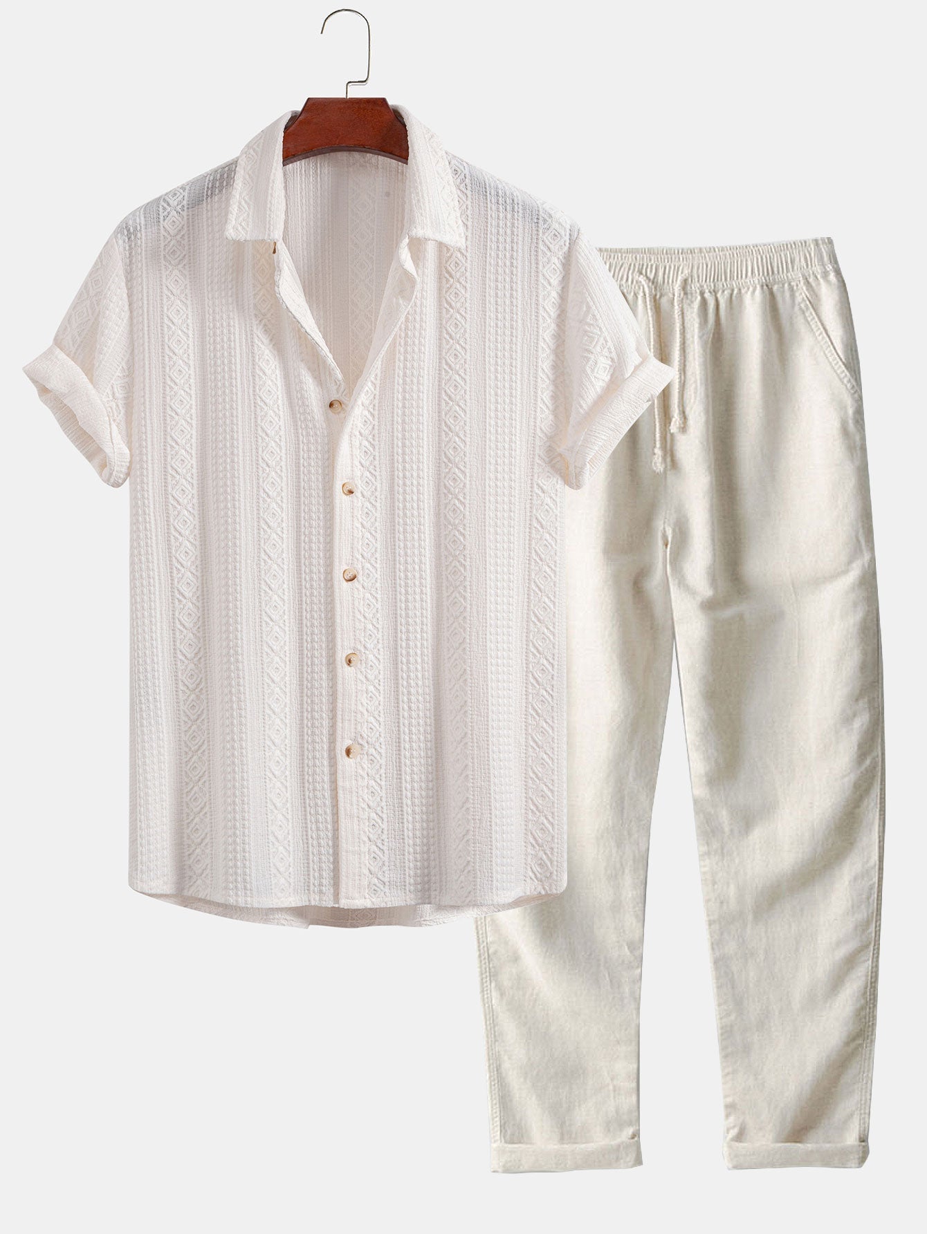 Conjunto Camisa Jacquard Geométrica y Pantalón de Lino