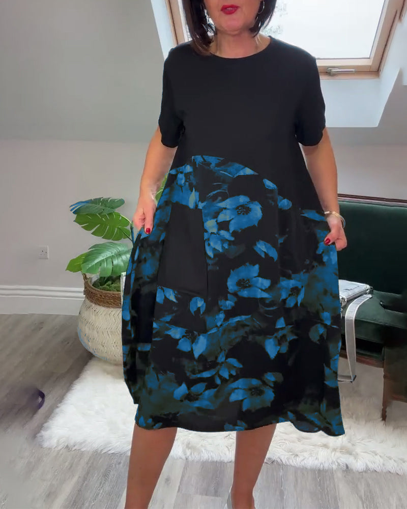 Vestido Patchwork con Flores y Cuello Redondo