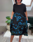 Vestido Patchwork con Flores y Cuello Redondo