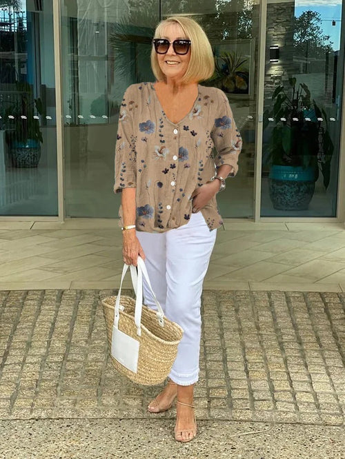 Blusa Floral Elegante con Escote en V Relajado