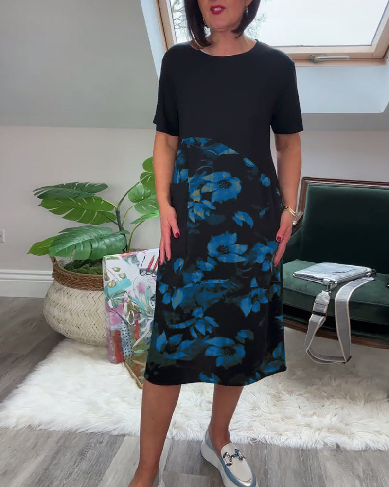 Vestido Patchwork con Flores y Cuello Redondo