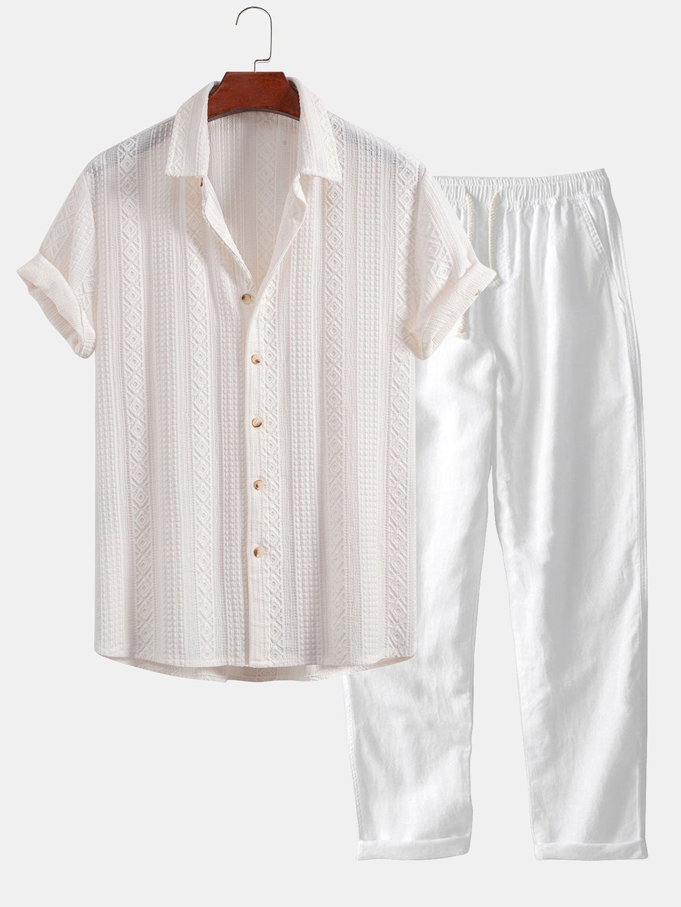 Conjunto Camisa Jacquard Geométrica y Pantalón de Lino