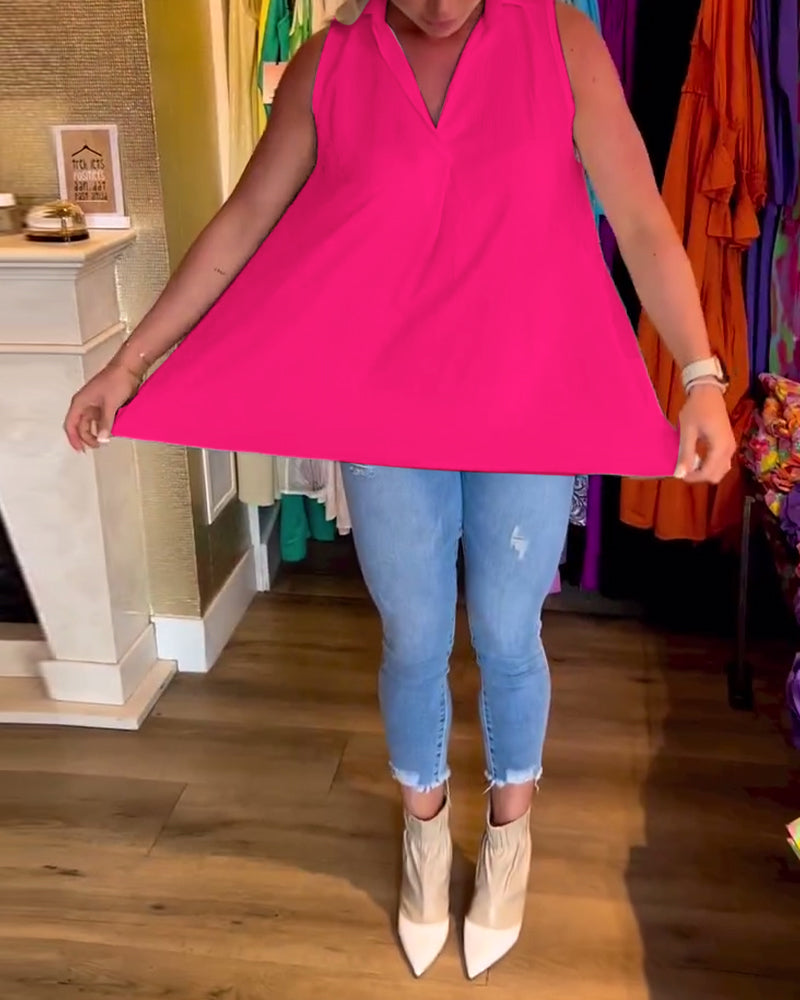 Blusa Sin Mangas Con Volantes y Cuello Solapa