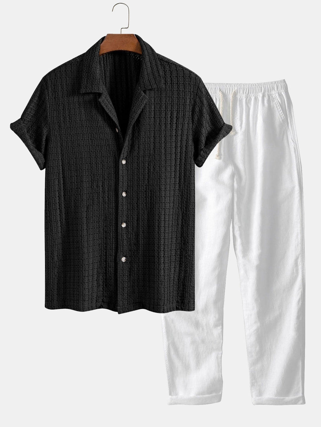 Conjunto Camisa Cubana Jacquard y Pantalón Recto de Lino