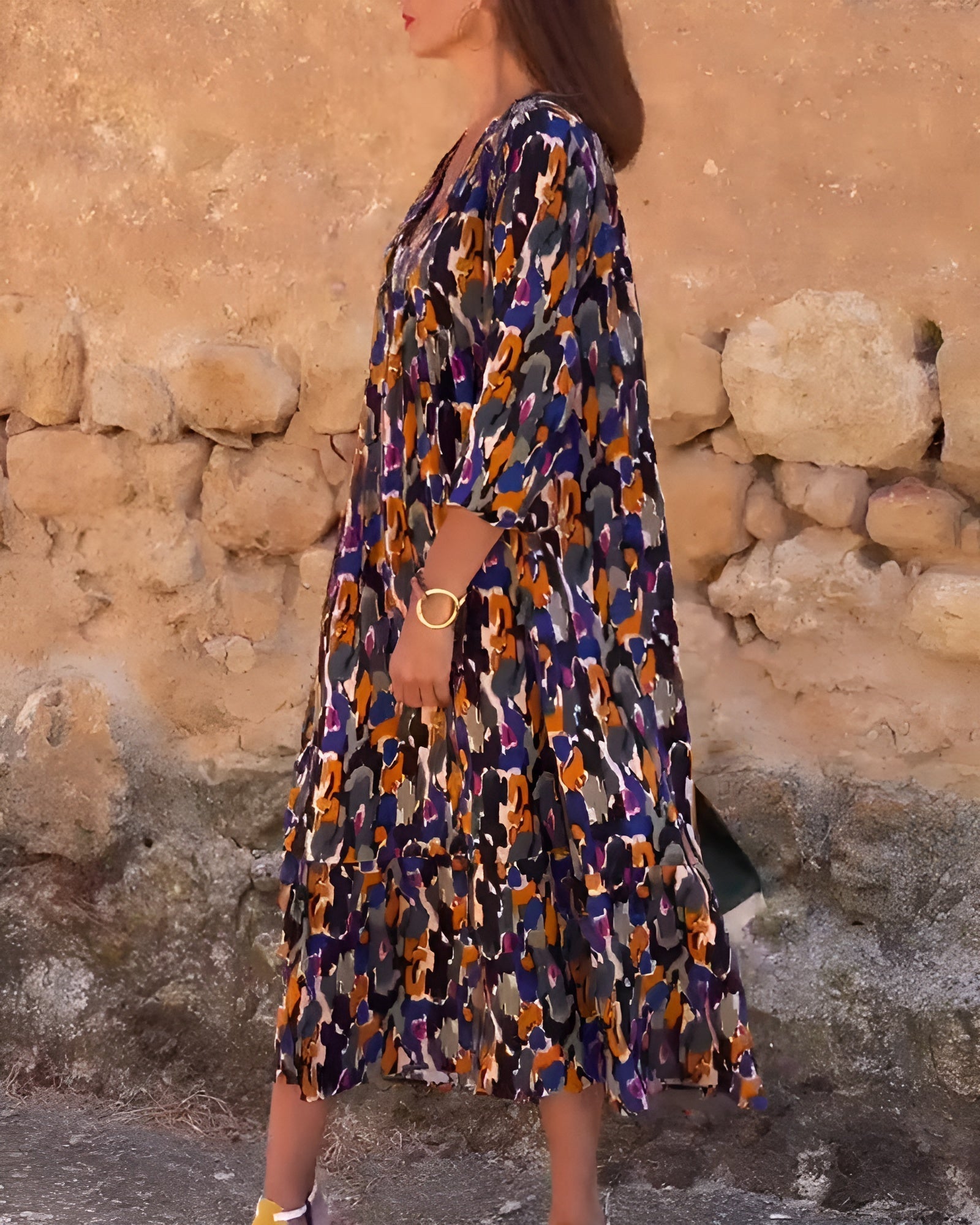 Vestido Con Cuello En V Estampado Retro Fluido