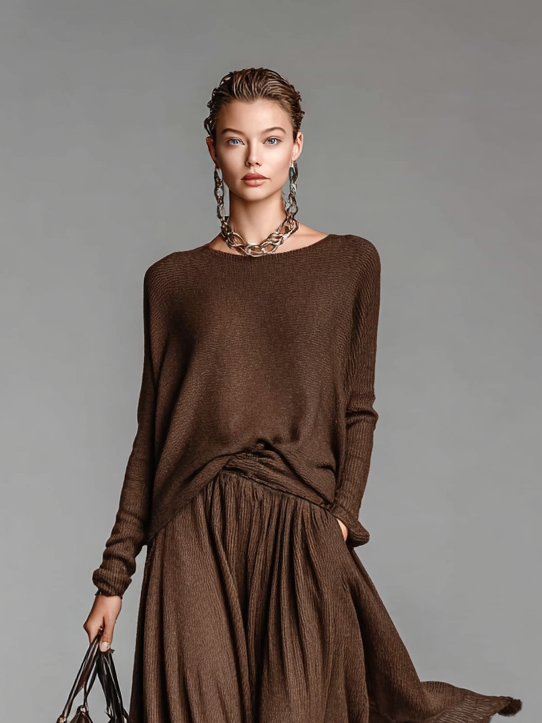 Conjunto De Falda Y Suéter De Punto Con Cuello Redondo