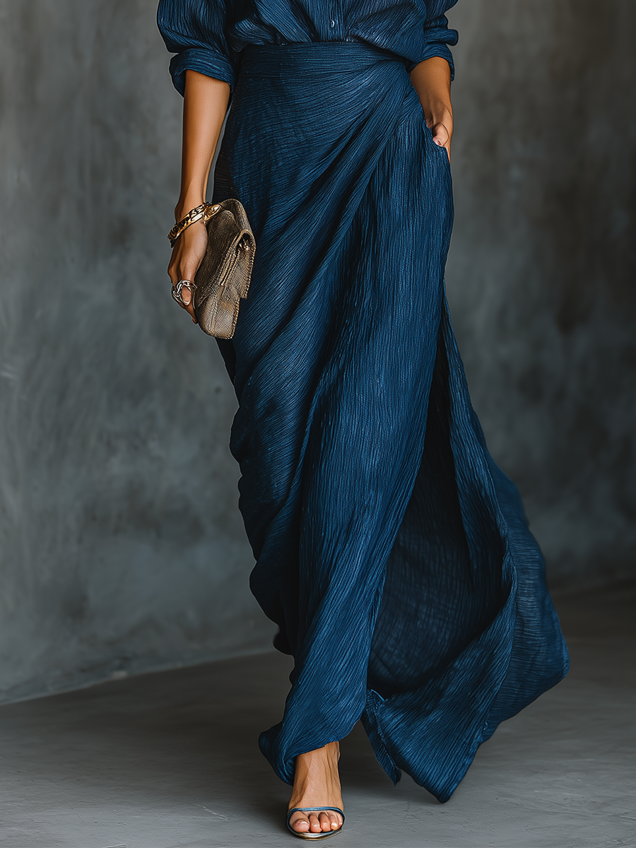 Conjunto Falda Larga y Blusa Algodón Lino Azul Marino