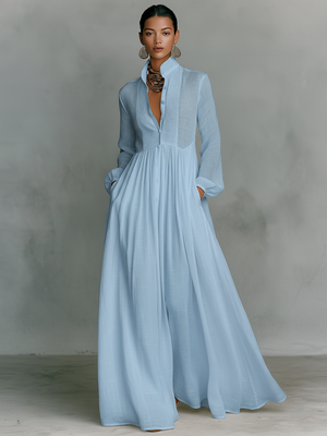 Vestido Maxi De Algodón Y Lino Con Cuello Alzado