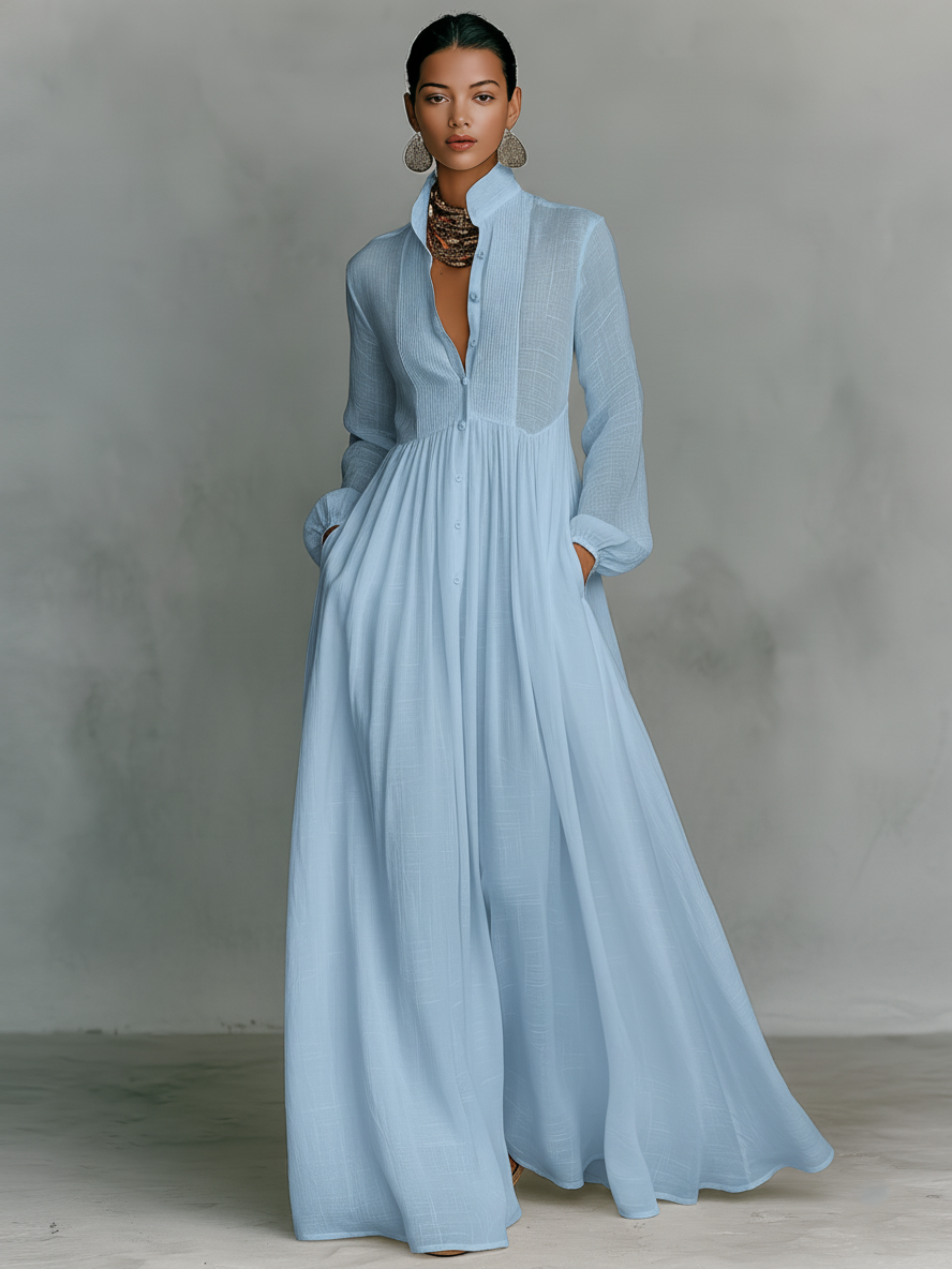 Maxikleid aus Baumwolle und Leinen mit Stehkragen