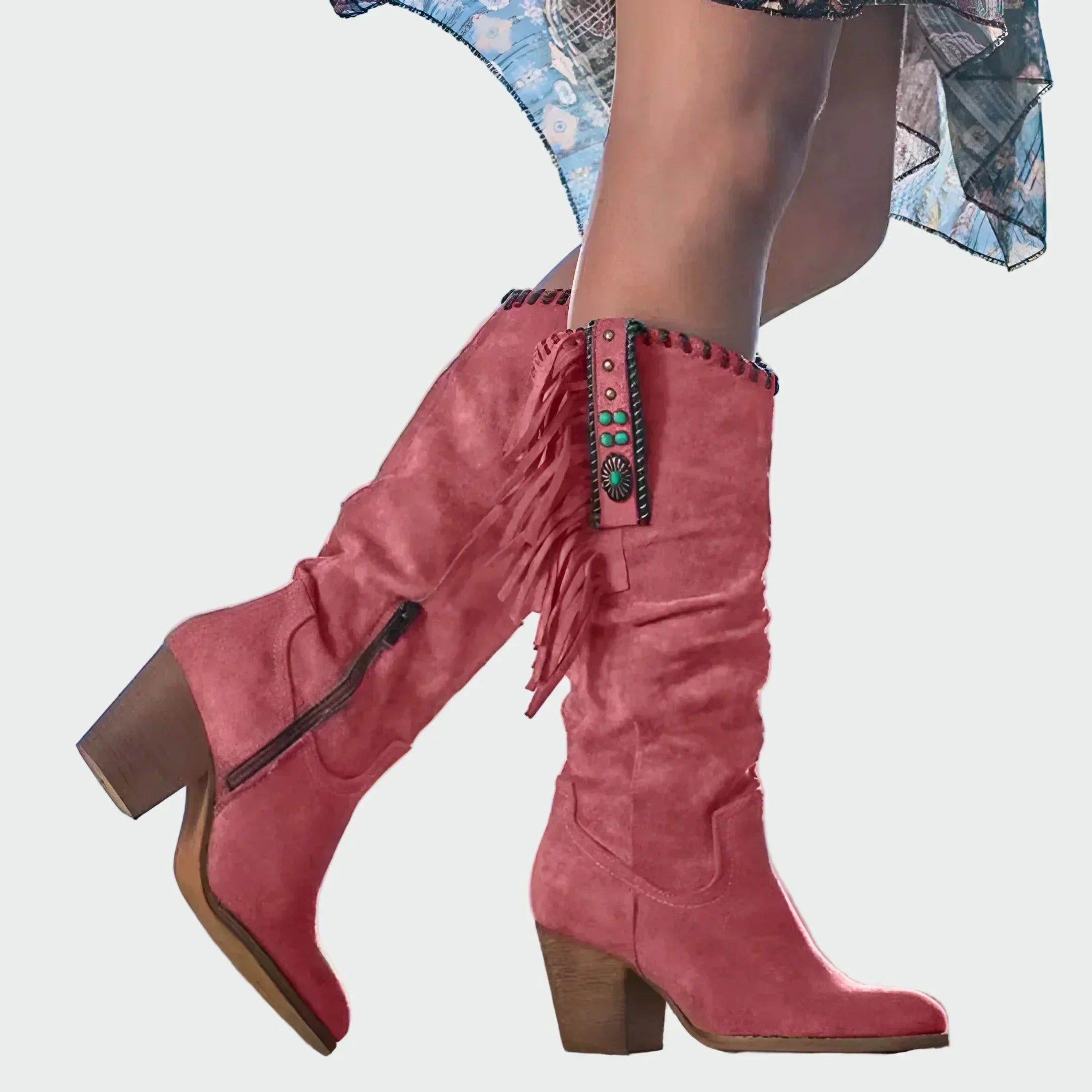 Cowboystiefel für Damen, Boho, mit Fransen und mittelhohem Absatz