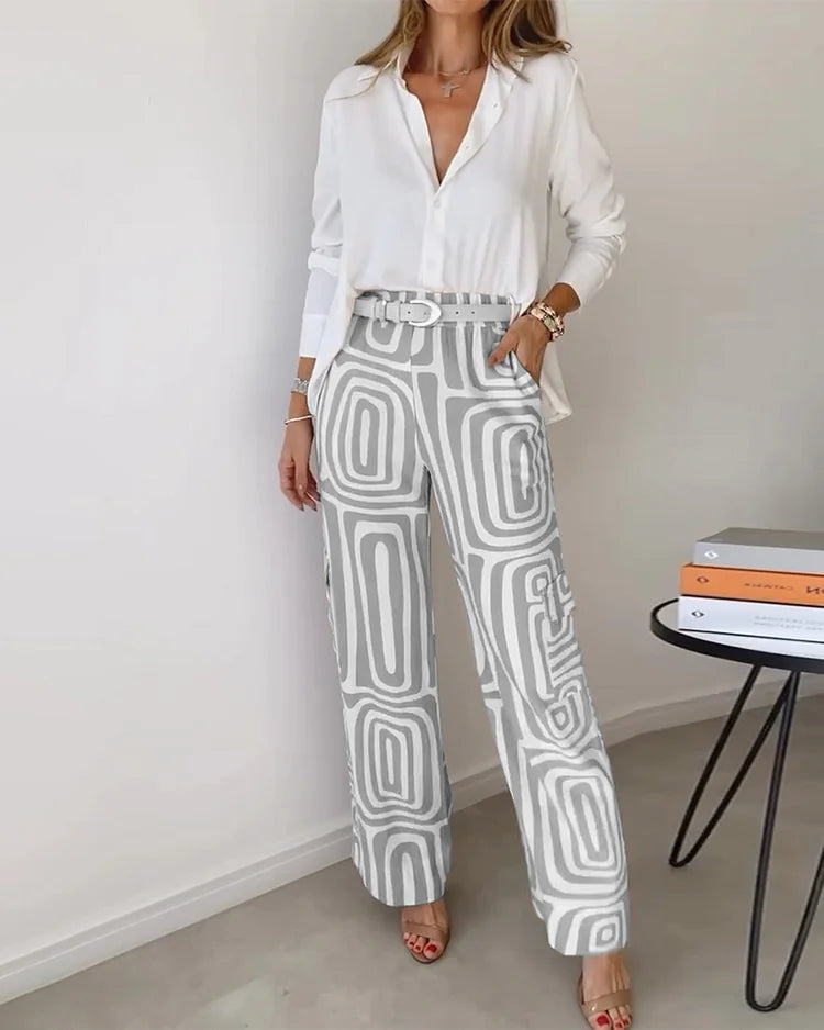 Conjunto Pantalón Elegante con Blusa y Cinturón