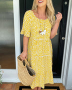 Vestido Midi de Lunares con Cuello Redondo Fluido