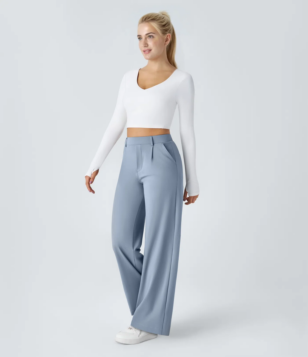 Pantalón Elegante Pierna Ancha De Tiro Alto Mujer