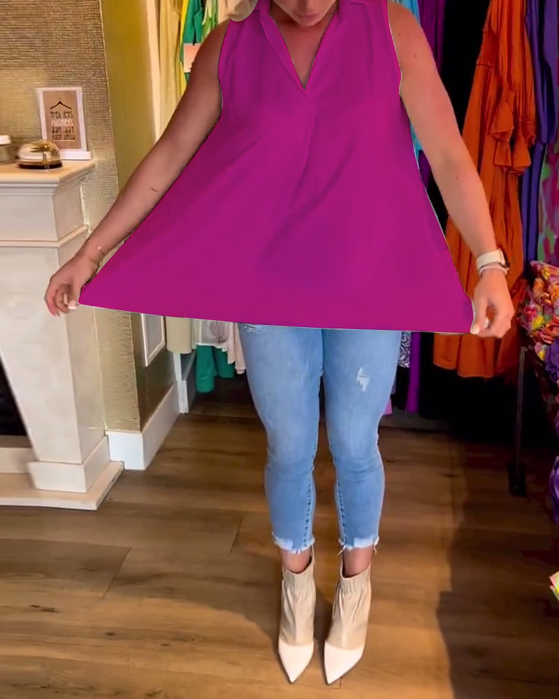 Blusa Sin Mangas Con Volantes y Cuello Solapa