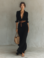 Vestido Maxi Elegante con Cuello y Cinturón Mujer
