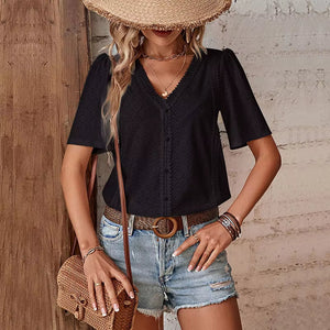 Damen-V-Ausschnitt-Kurzarmbluse