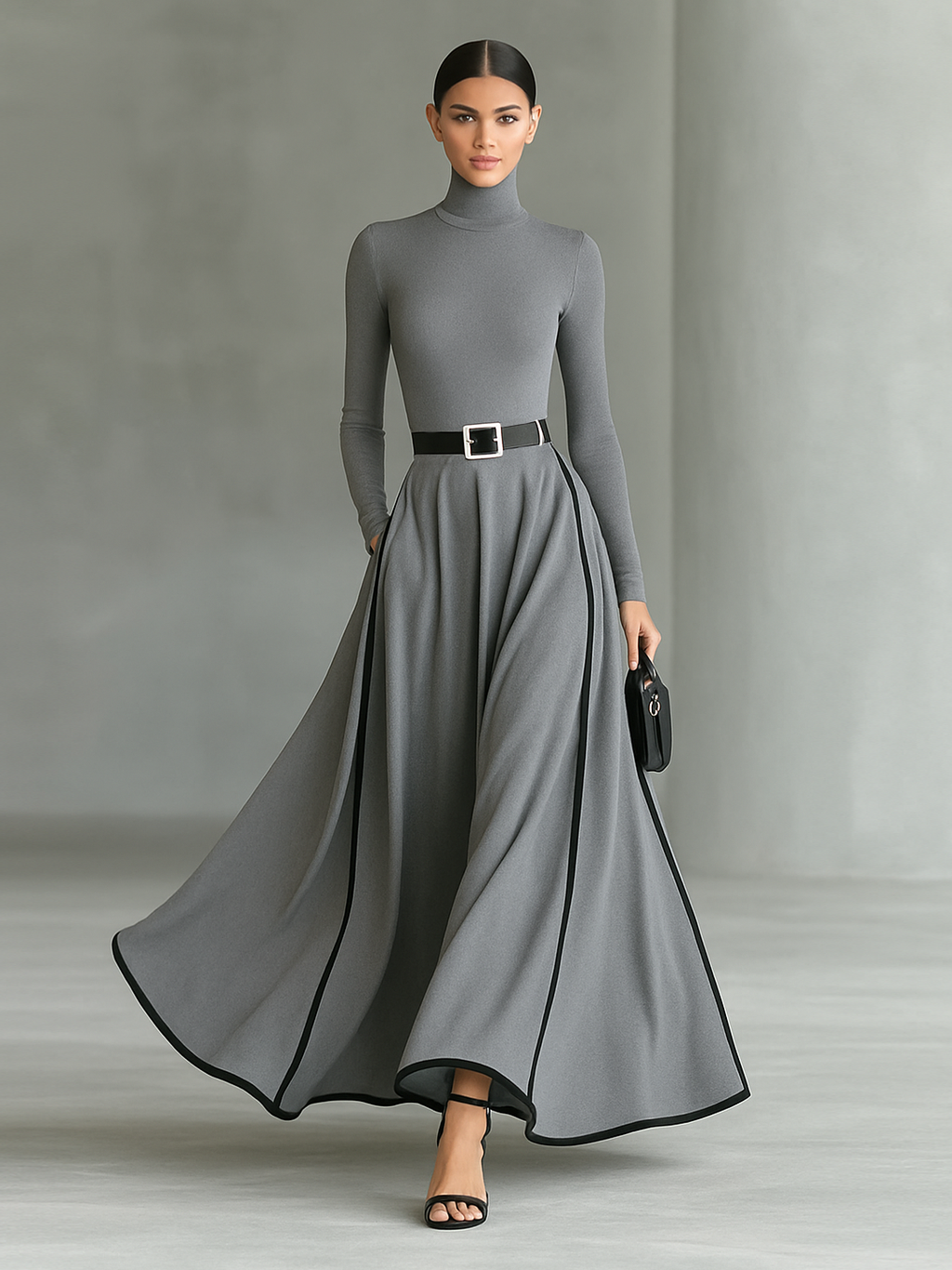 Vestido Maxi Negro Entallado con Cuello Alto Elegante