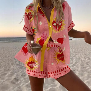 Set Damen-T-Shirt und Shorts aus Leinen-Baumwolle, lässig