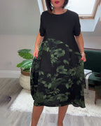 Vestido Patchwork con Flores y Cuello Redondo