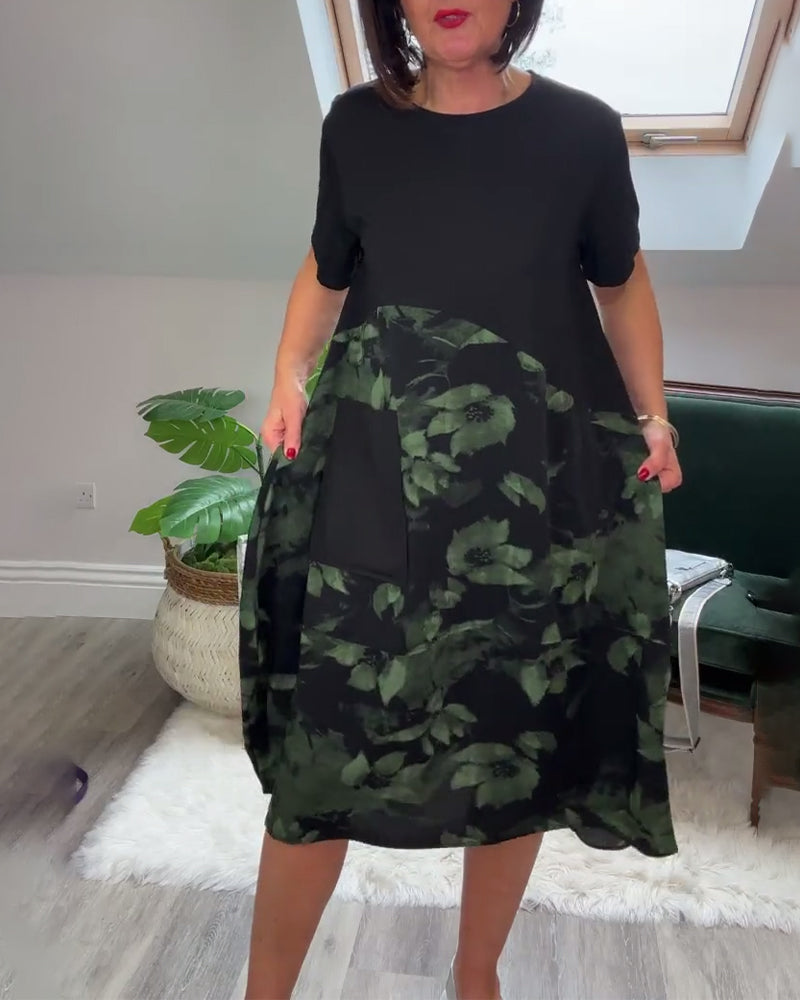 Vestido Patchwork con Flores y Cuello Redondo