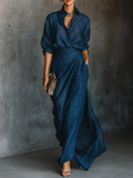 Navy Blue Long Skirt and Blouse Set in Cotton and Linen