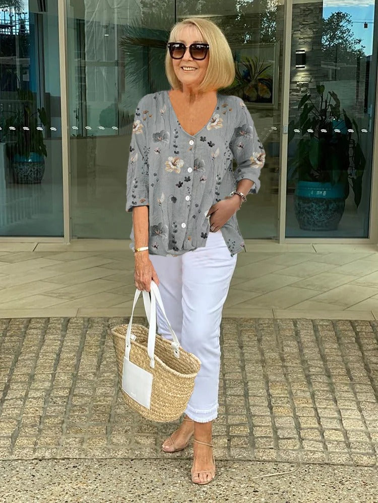 Blusa Floral Elegante con Escote en V Relajado