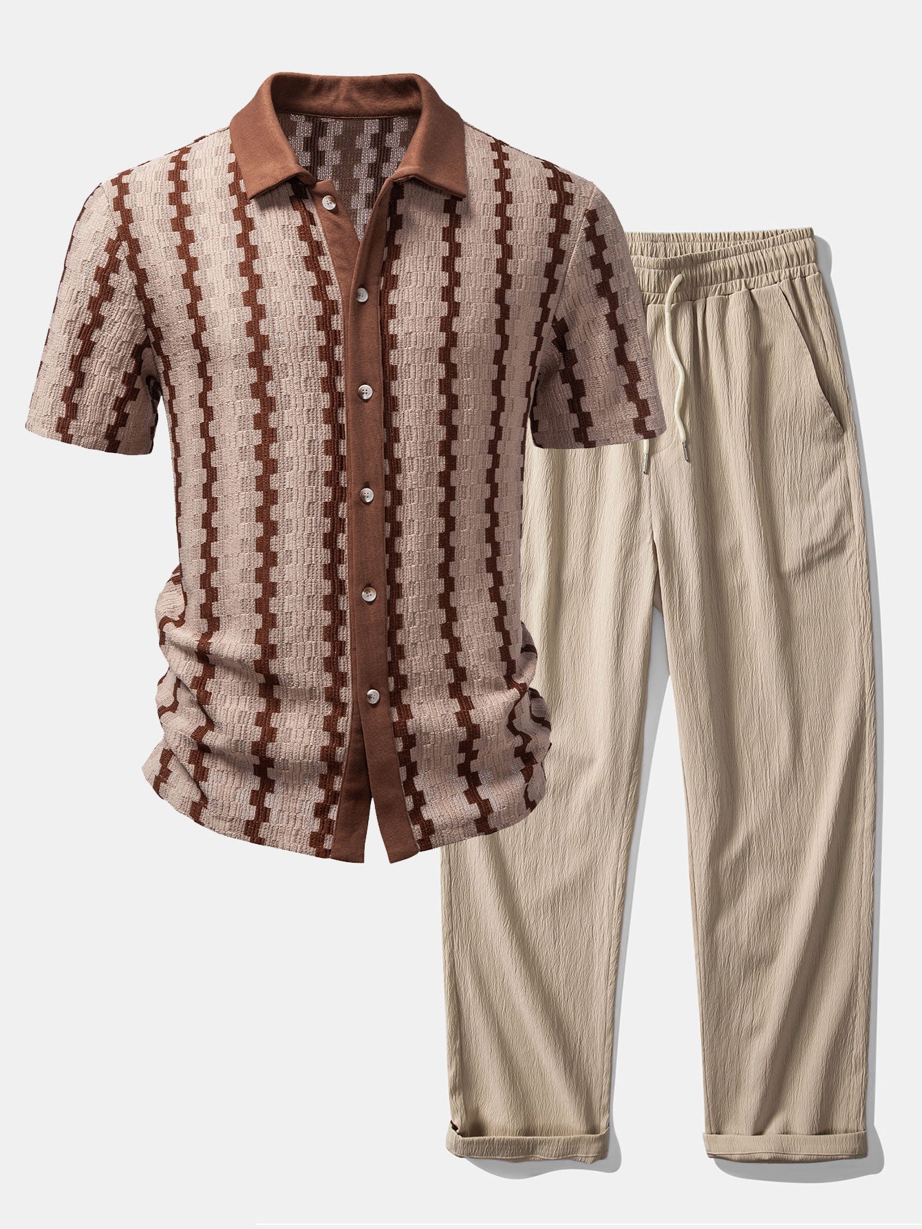 Conjunto Camisa Cuadros Jacquard Y Pantalón Recto Arrugado