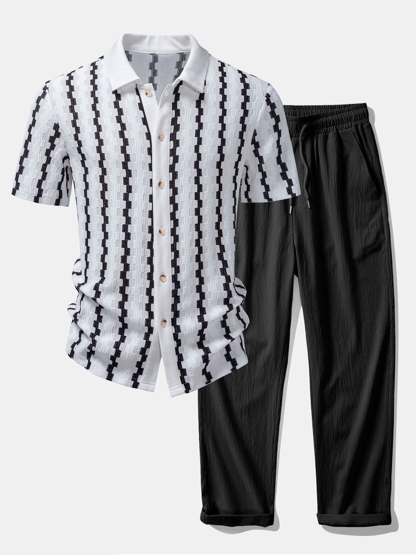 Conjunto Camisa Cuadros Jacquard Y Pantalón Recto Arrugado