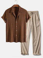 Conjunto Camisa Cubana Jacquard y Pantalón Recto Arrugado