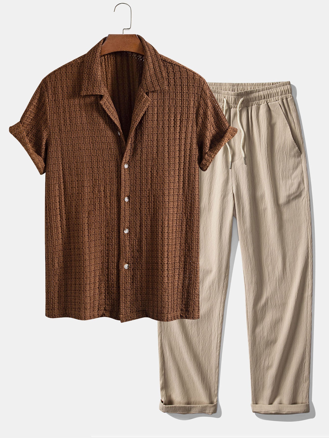 Conjunto Camisa Cubana Jacquard y Pantalón Recto Arrugado