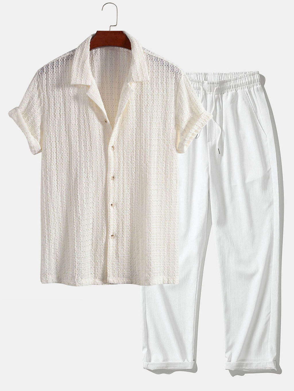 Conjunto Camisa Cubana Jacquard y Pantalón Recto Arrugado