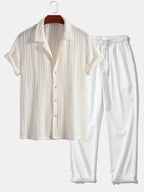 Conjunto Camisa Cubana Jacquard y Pantalón Recto Arrugado