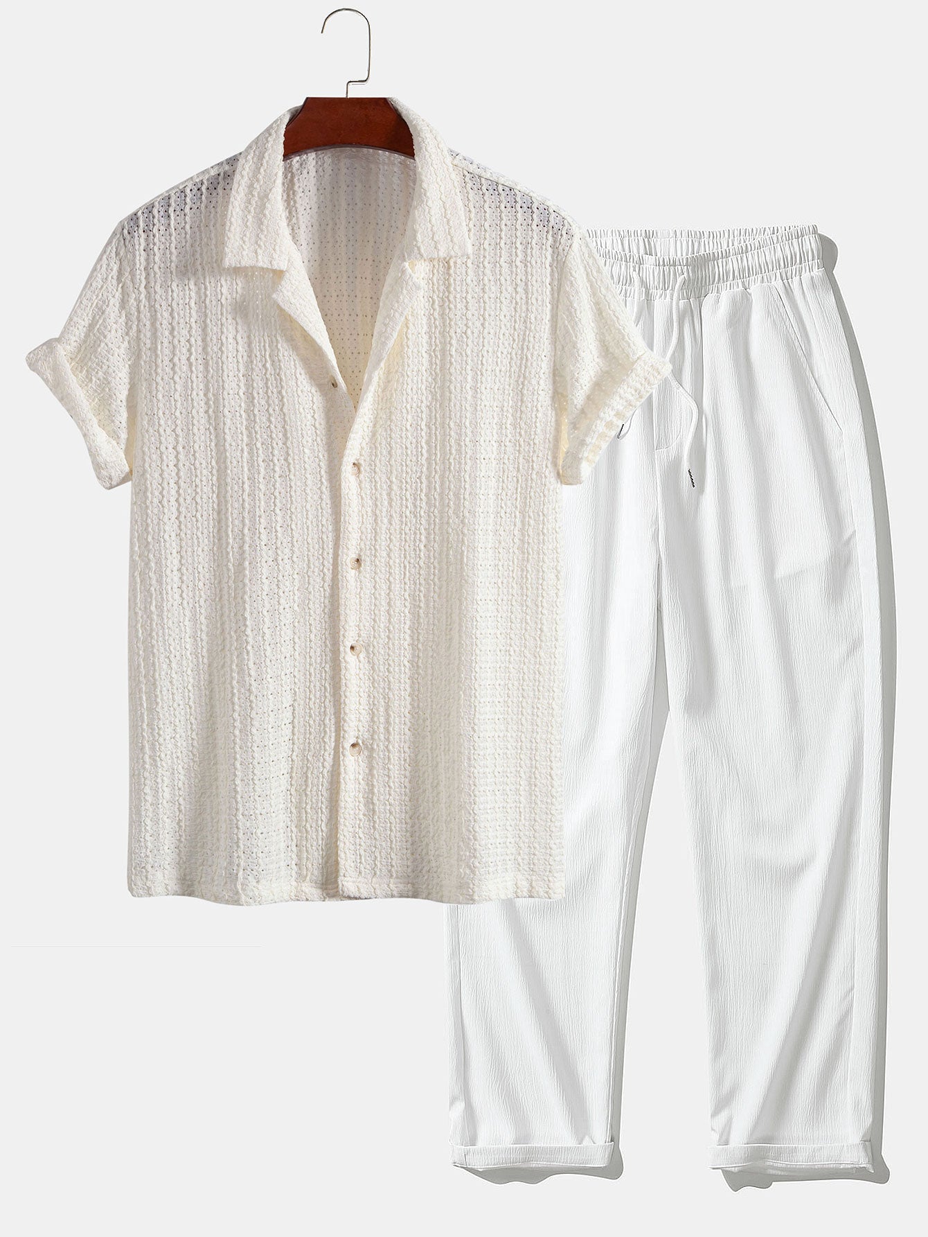 Conjunto Camisa Cubana Jacquard y Pantalón Recto Arrugado