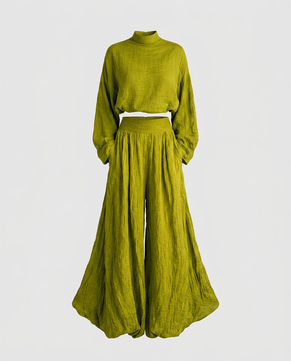 Conjunto Mujer Algodón Lino Verde Con Pantalón Ancho