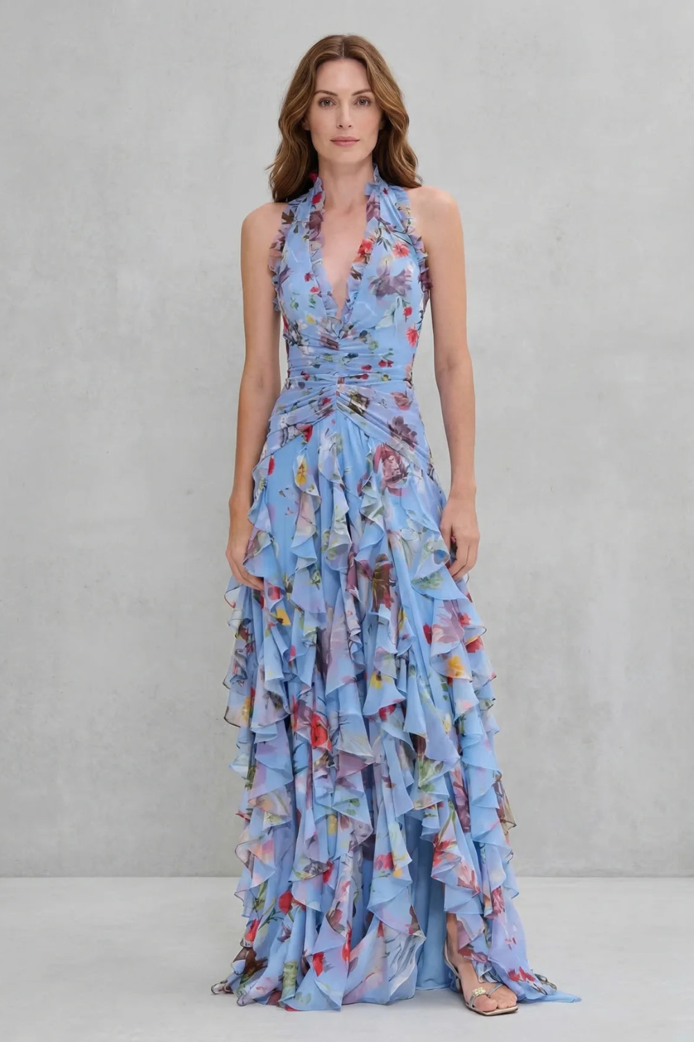 Belladina | Romantic Long Dress with Rose Cascade and Halter Neckline