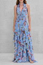 Belladina | Romantic Long Dress with Rose Cascade and Halter Neckline