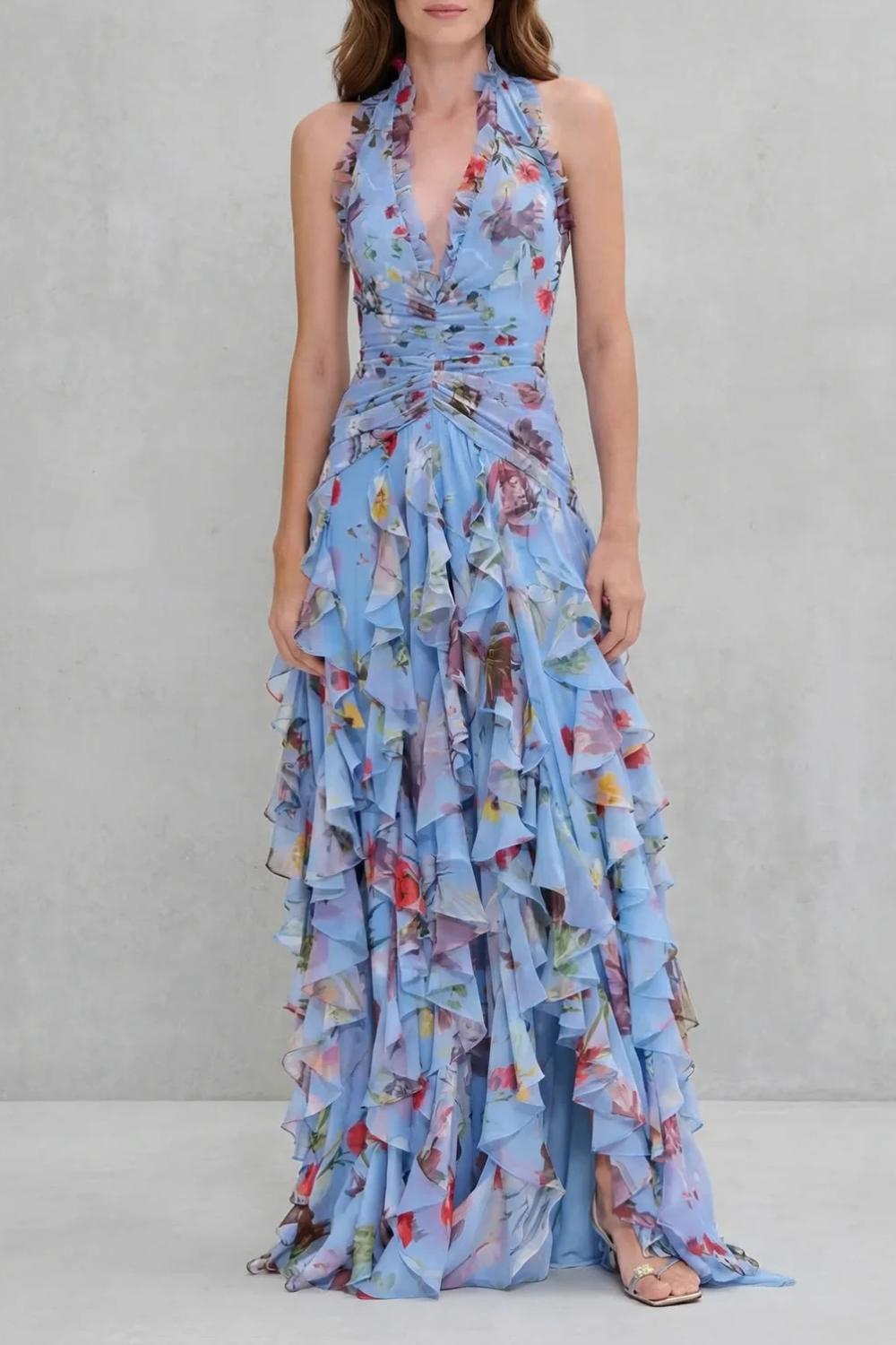 Belladina | Romantic Long Dress with Rose Cascade and Halter Neckline