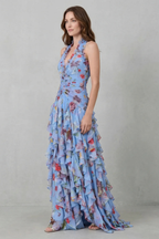 Belladina | Romantic Long Dress with Rose Cascade and Halter Neckline