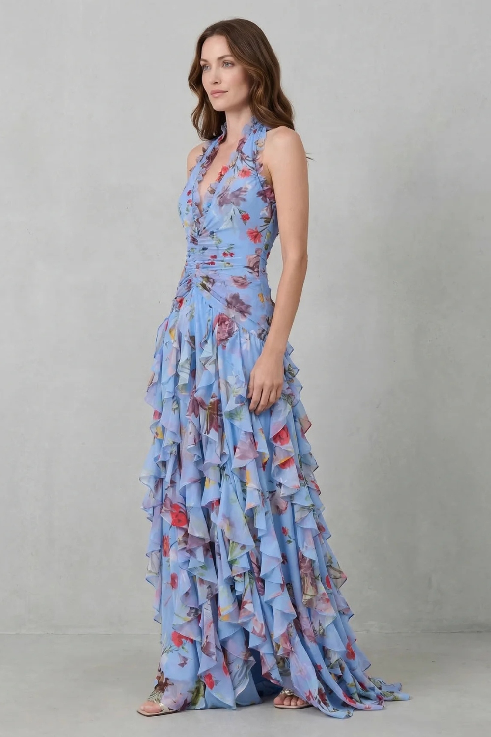 Belladina | Romantic Long Dress with Rose Cascade and Halter Neckline
