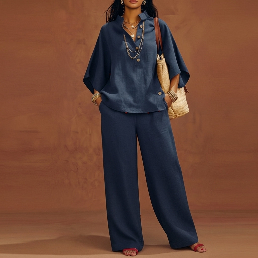 Conjunto De Lino Mujer Con Manga Murciélago Y Pantalón Ancho