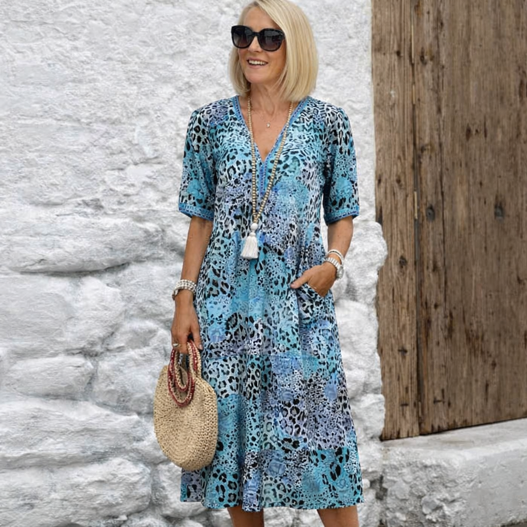 Midikleid mit Animal-Print, Taschen und kurzen Ärmeln