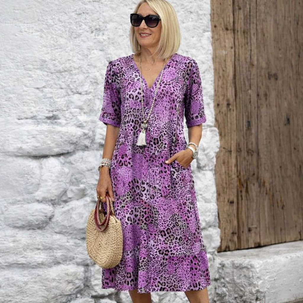 Midikleid mit Animal-Print, Taschen und kurzen Ärmeln