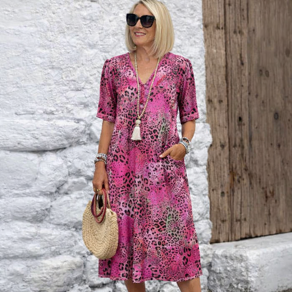 Midikleid mit Animal-Print, Taschen und kurzen Ärmeln