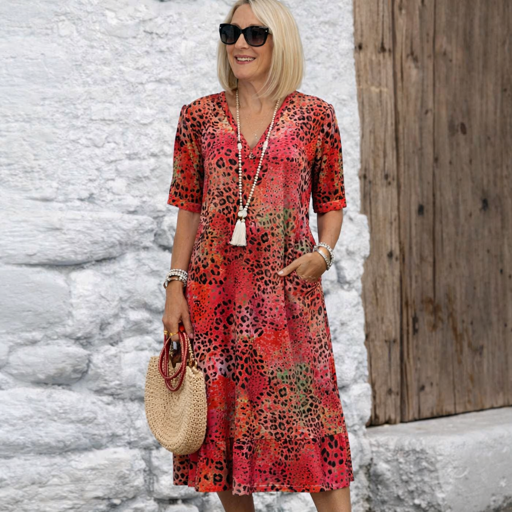 Midikleid mit Animal-Print, Taschen und kurzen Ärmeln